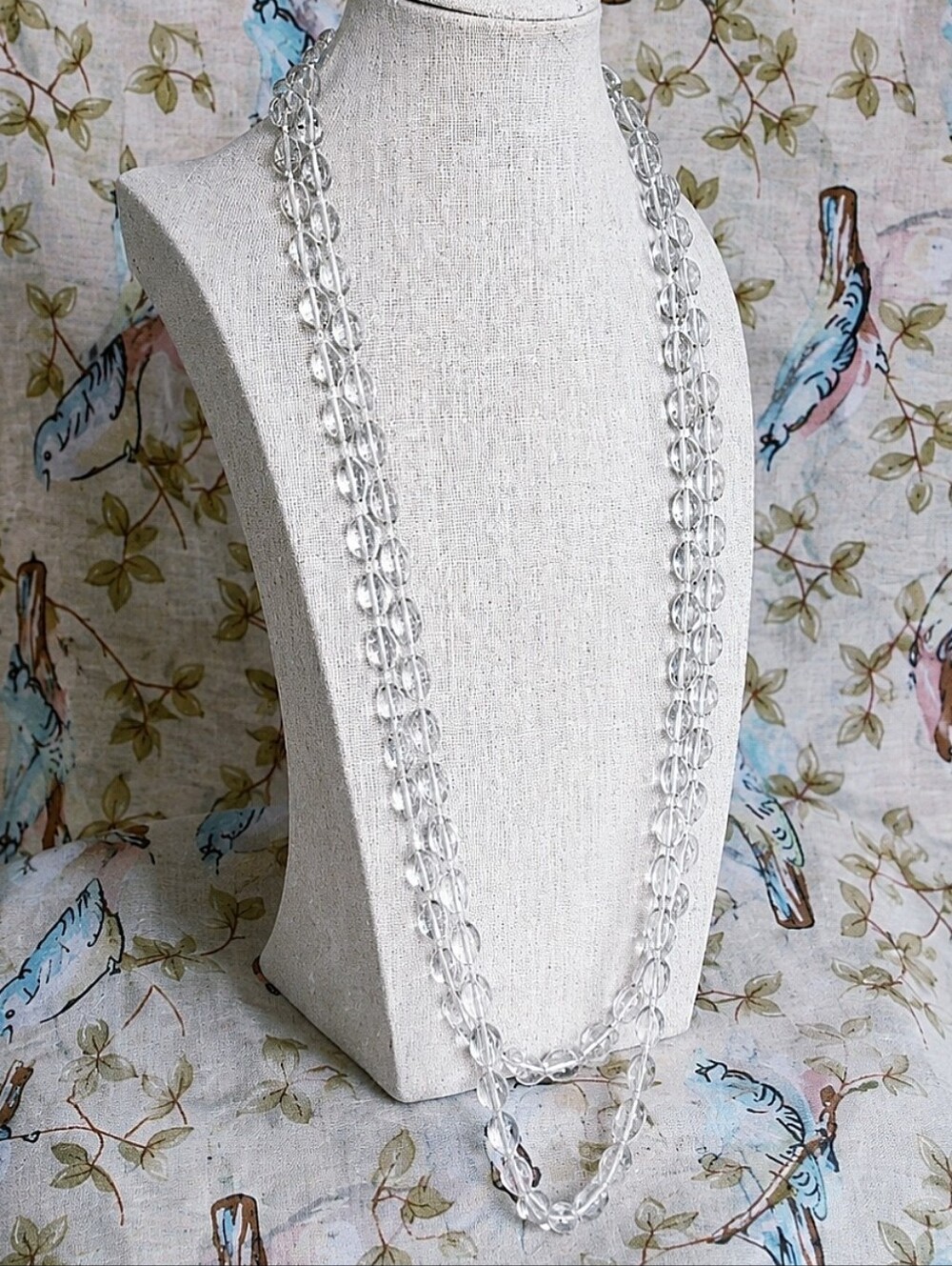 Very Long Smooth Clear Glass Vintage Knotted White Cord Beaded Necklace NWOT